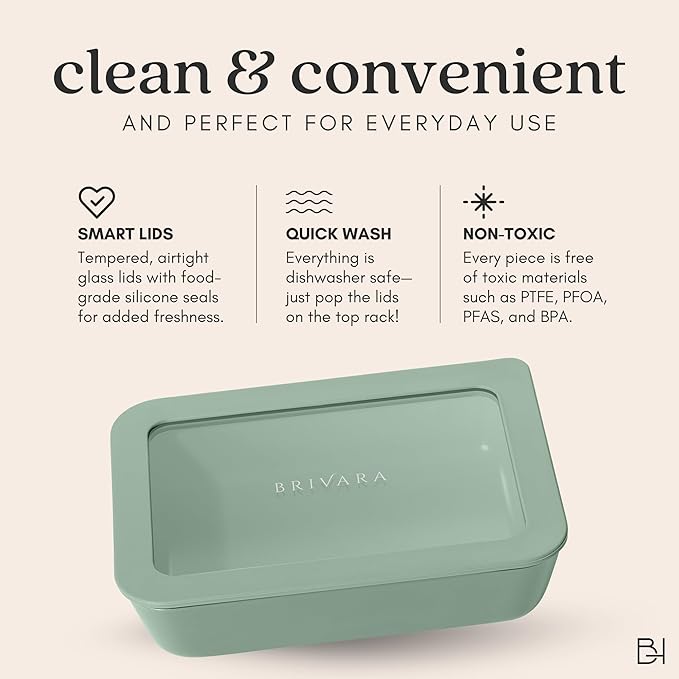Ceramic Coated Glass Food Storage Container | No PTFE, PFOA, PFAS, and BPA | Reusable Non Toxic Meal Prep Container with Glass Lid | Easy To Store | 6 Piece Food Prep [Willow]