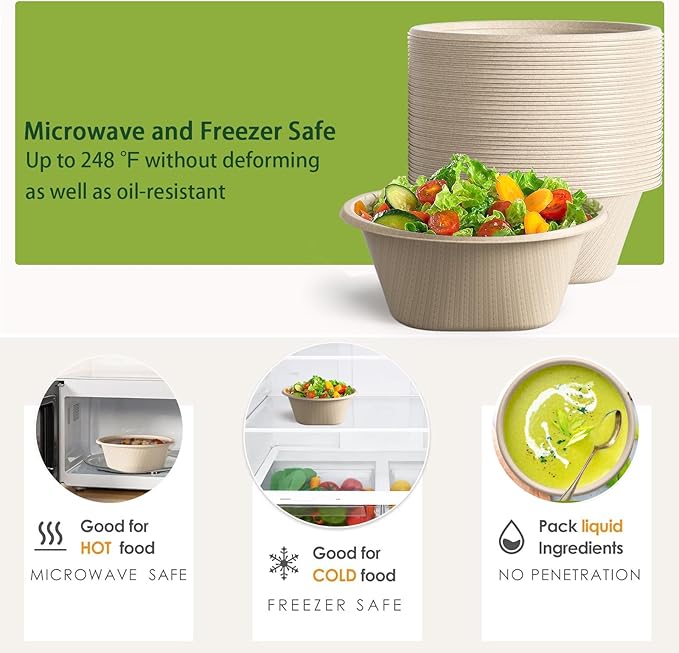 Homestockplus Large Disposable Bowl - Heavy Duty Paper Bowls - Made from Sugarcane and Bamboo Fiber, Microwave Safe - 48 Oz Paper Bowls for Soup, Salad, Ramen, Popcorn, etc.[50/Pack]