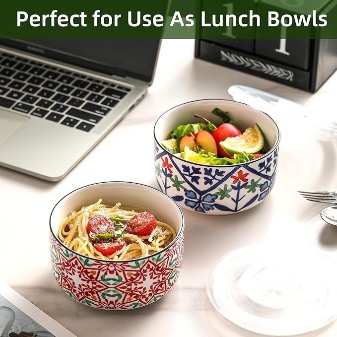 Ceramic Bowl with Lid: Microwave Safe Soup Containers Set of 4 for Meal Prep, Cereal, Salad, Picnic, Camping, Office Lunch, Kitchen Food Storage - 5 Inch, 20 oz, Design A