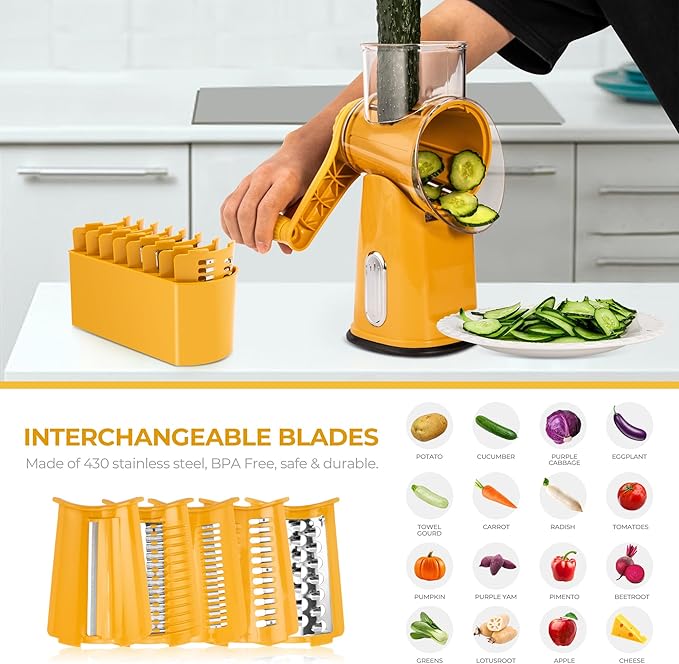 SUSTEAS Rotary Cheese Grater with Handle - Vegetable Shredder with 5 Well-designed Blades & Strong Suction Base,Round Mandoline Slicer & Food Chopper for Kitchen,with Blade Storage Box(Yellow)