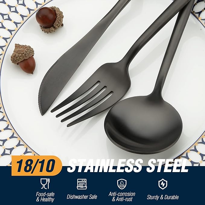 Black Silverware Set, 20 Piece Stainless Steel Flatware Set Service for 4, Matte Black Cutlery Set, Include Knives/Forks/Spoons, Dishwasher Safe