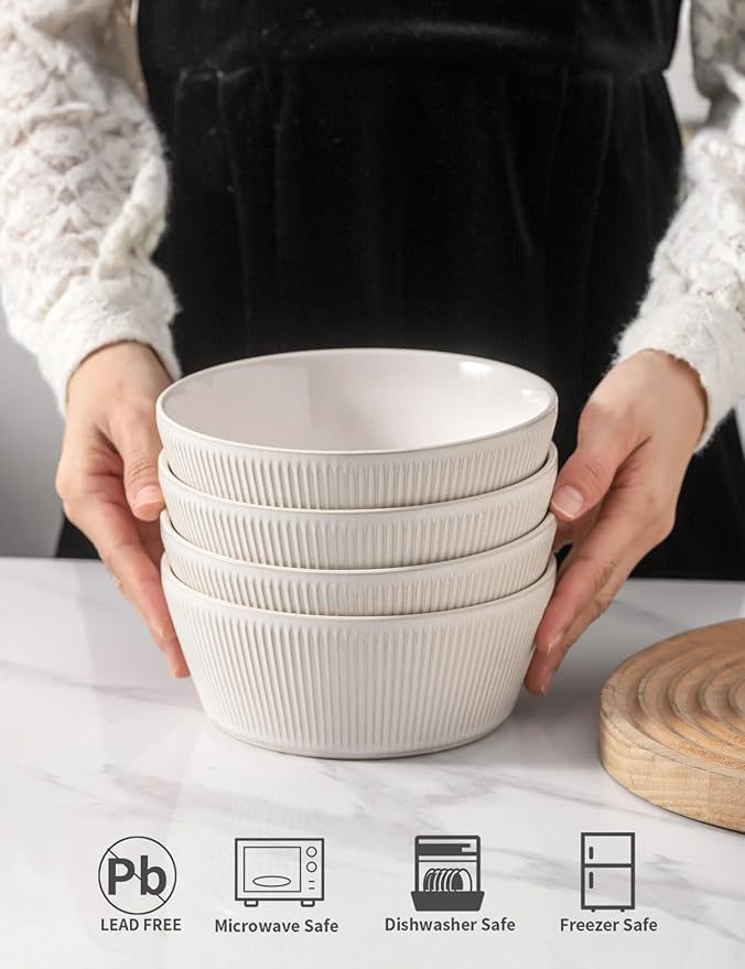 UBEE Ceramic Soup Bowls Set of 4, 6.3 inch Cereal Bowls, Microwave Safe Serving Bowls for Oatmeal, Soup, Pasta, Ramen, Dessert, Fruit, For Breakfast, Lunch and Dinner, White