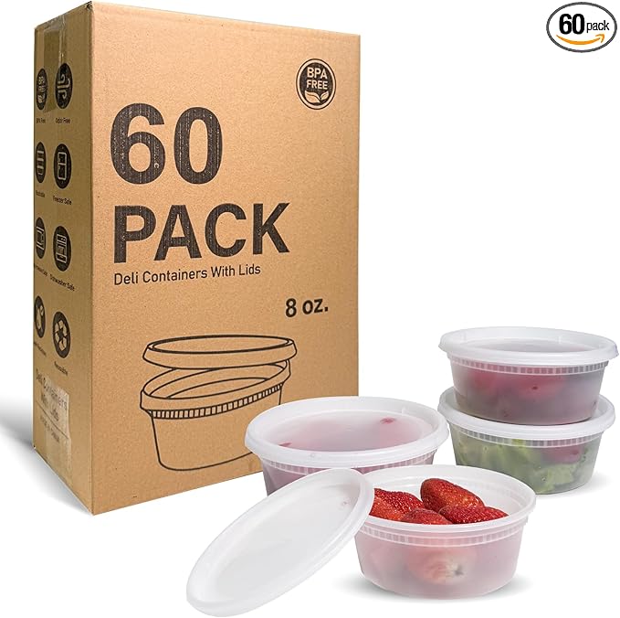 [60 sets] 8oz Deli Containers with Lids，Food Storage Container with airtight lid，Plastic Soup Containers with Lids Meal Prep/BPA Free/Freezer Safe/Dishwasher Safe/Microwave Safe/Stackable