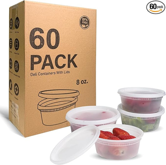 [60 sets] 8oz Deli Containers with Lids，Food Storage Container with airtight lid，Plastic Soup Containers with Lids Meal Prep/BPA Free/Freezer Safe/Dishwasher Safe/Microwave Safe/Stackable