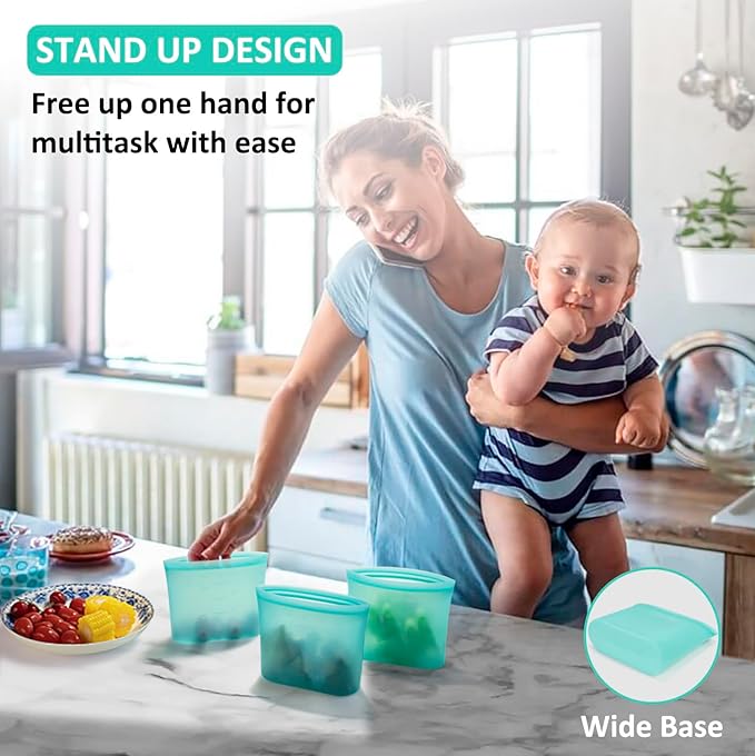 Reusable Snack Bags, 4 Pack, Stand Up 100% Silicone Reusable Storage Bag, Ziplock Silicone Food Storage Containers Snack Size, Freezer Microwave Oven Dishwasher Safe, Aqua, 16oz