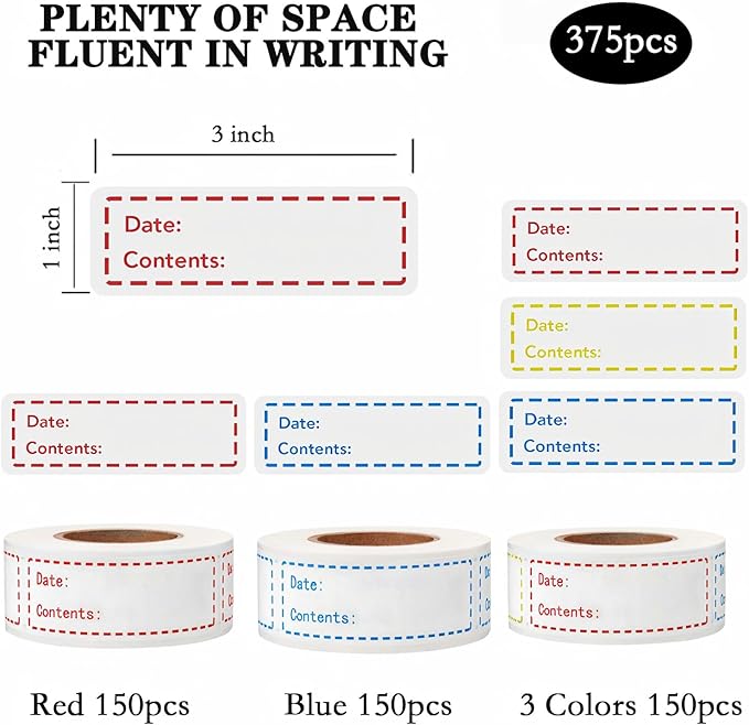 Freezer Labels 375pcs - 3"x1" Self-Adhesive Removable Food Labels | Write-On Waterproof & Oil-Proof Tape for Containers, Meal Prep & Pantry Organization (3 Rolls, 3 Colors)