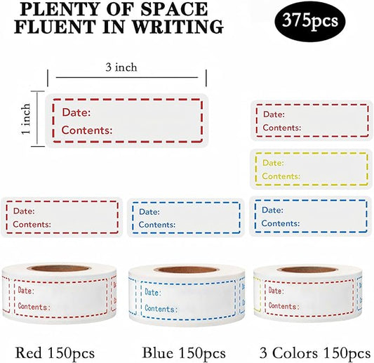 Freezer Labels 375pcs - 3"x1" Self-Adhesive Removable Food Labels | Write-On Waterproof & Oil-Proof Tape for Containers, Meal Prep & Pantry Organization (3 Rolls, 3 Colors)
