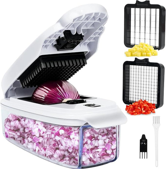 Stainless Steel Vegetable Chopper with 6mm/12mm Concavo-Convex Occlusion Dicing Blades & Leakproof Container for Camping & Salad Prep (White & Black 2in1)