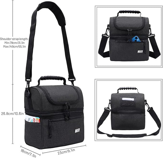 MIER 2 Compartment Lunch Bag for Men Women, Leakproof Insulated Cooler Bag for Work, Dark Grey, Medium