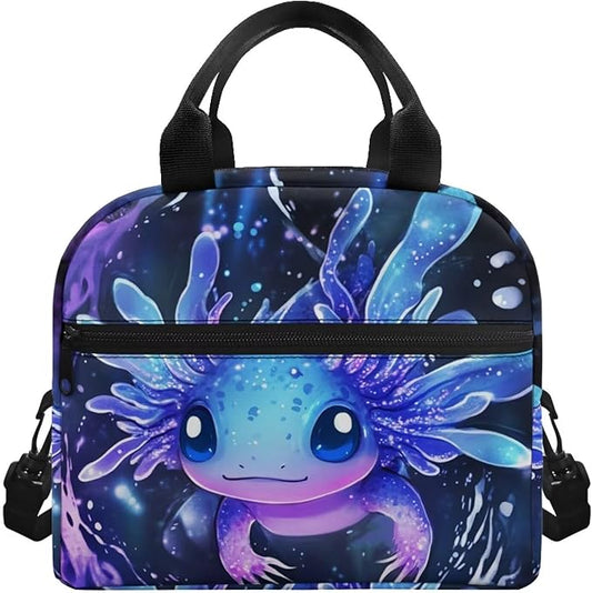 Showudesigns Blue Axolotl Lunch Box for Teen Girls Middle School Kids Lunch Bag 8-10 10-12 12-14 Insulated Lunchbox Purse with Adjustable Shoulder Strap Thermal Meal Organizer