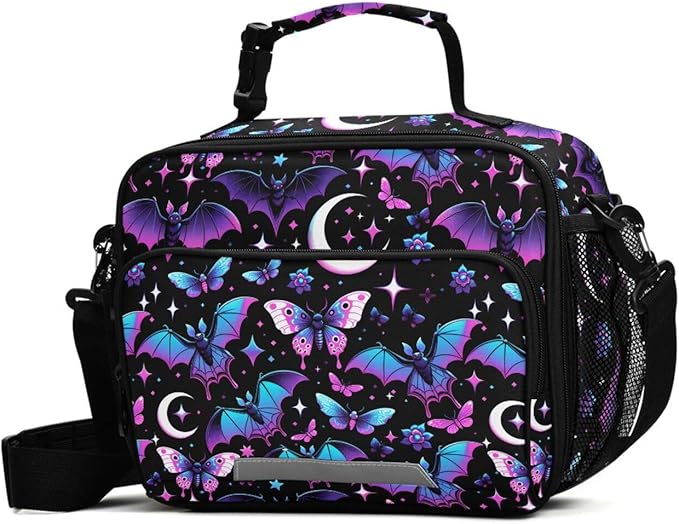 MNSRUU Student Lunch Bag Neon Purple and Bats Stars and Moons Insulated DinnerTotes Picnic Bag Lunch Box with Adjustable Shoulder Strap for Teen Kids Adults