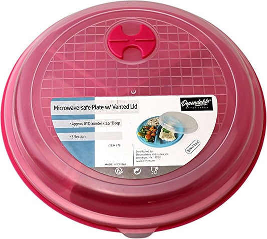 Dependable Industries inc. Essentials 3-Pack Divided Microwave Plates with Vented Lids – 8.75” x 8.75” – Meal Prep & Portion Control, BPA-Free, Stackable Food Storage, Freezer & Dishwasher Safe