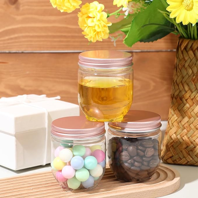 Tanlade 60 Pcs 4 oz Clear Plastic Wide Mouth Mason Jars with Lids Small Honey Jar Mini Storage Containers Bulk for Herb Jelly Butter Wedding Favors Shower Party(Rose Gold)