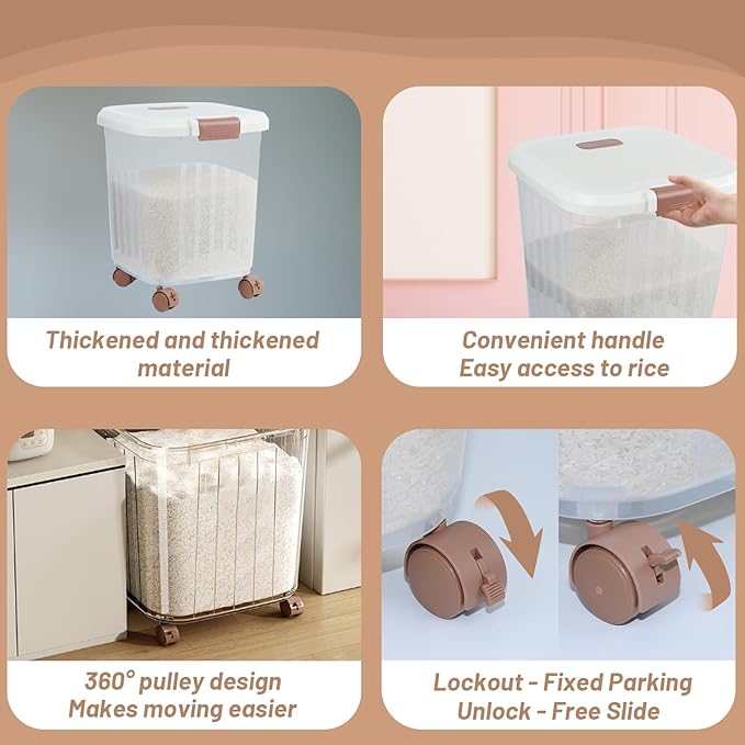 PENCK Airtight Flour Storage Bin Plastic Rice Storage Container Clear Cereal Grain Dry Food Storage Boxes with Wheels for Kitchen Pantry Countertop (20lbs&30lbs)