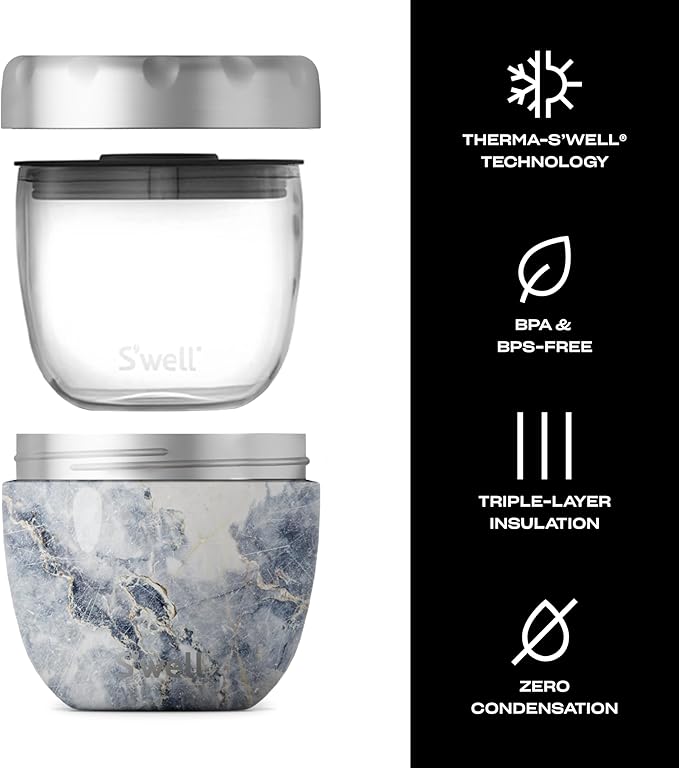S'well Eats Stainless Steel Food Bowls, 21.5oz, Blue Granite, Triple-Layered Vacuum-Insulated Containers Keeps Food Cold for 11 Hours and Hot for 7 hours, Condensation Free, BPA Free