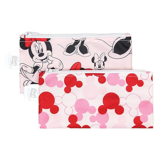 Bumkins Disney Reusable Snack Bags, for Kids School Lunch and for Adults Portion, Washable Fabric, Waterproof Cloth Zip Bag, Supplies Travel Pouch, Food-Safe, 2-pk Minnie Mouse Classic