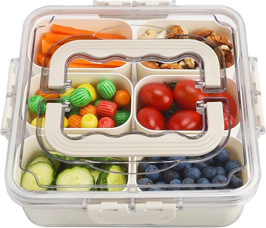 Divided Serving Tray with Lid and Handle, Portable Snack Box Container, 6 Compartments Veggie Fruit Snackle Tray, Small Charcuterie Platter Box Container for Party, Travel, Entertaining,Picnic