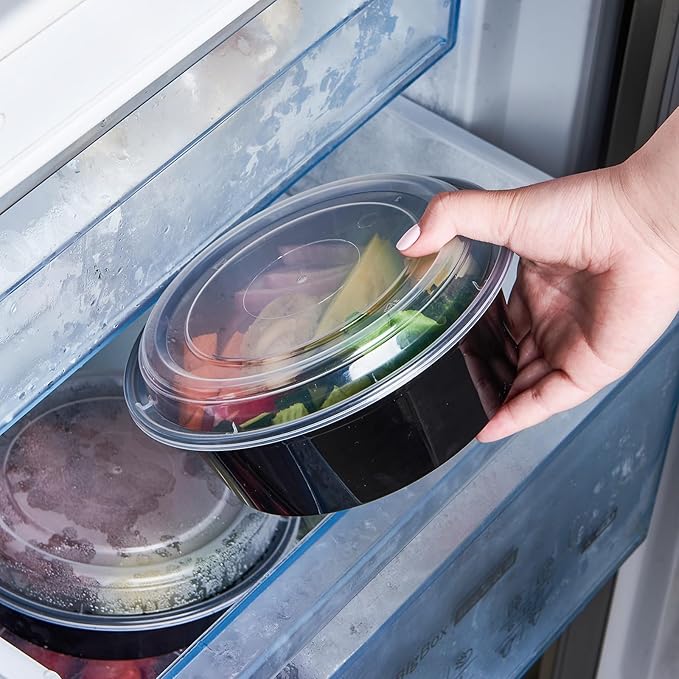 32 oz 150 ct Round Meal Prep Containers with Lids Plastic Food Storage Lunch Plan To Go Box Disposable Take Out Bowl Black BPA Free Reusable Stackable Microwave Freezer Safe (Formerly FULING)
