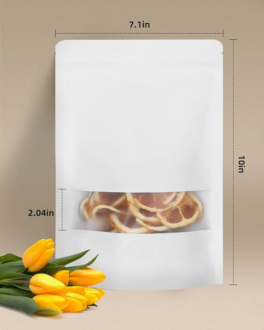 100pcs Kraft Bags with Window 7.1x10 Inches White Reusable Sealable Ziplock Food Storage Stand up Paper Pouches for Home or Business