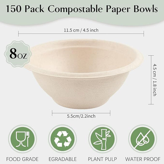 150 Pack 8 oz Paper Bowls Disposable White Small Compostable Soup Bowls Natural Bagasse Sugarcane Biodegradable Bowls for Cereals, Ice Cream, Desserts