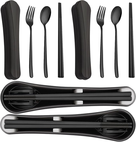 2 Pack Travel Utensils with Case, PHILIPALA Portable Reusable Silverware Set for Lunch Work Picnic, 18/8 Stainless Steel Camping Cutlery Set Includes Fork Spoon Chopsticks(Black)