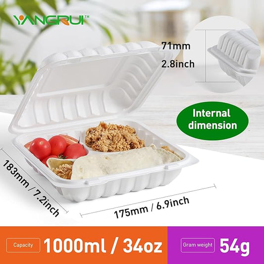 YANGRUI To Go Food Containers, Reusable 150 Pack 8 Inch 34 OZ MFPP Meal Prep Container BPA Free Microwave Freezer Safe Plastic Hinged White Clamshell Take Out Food Boxes
