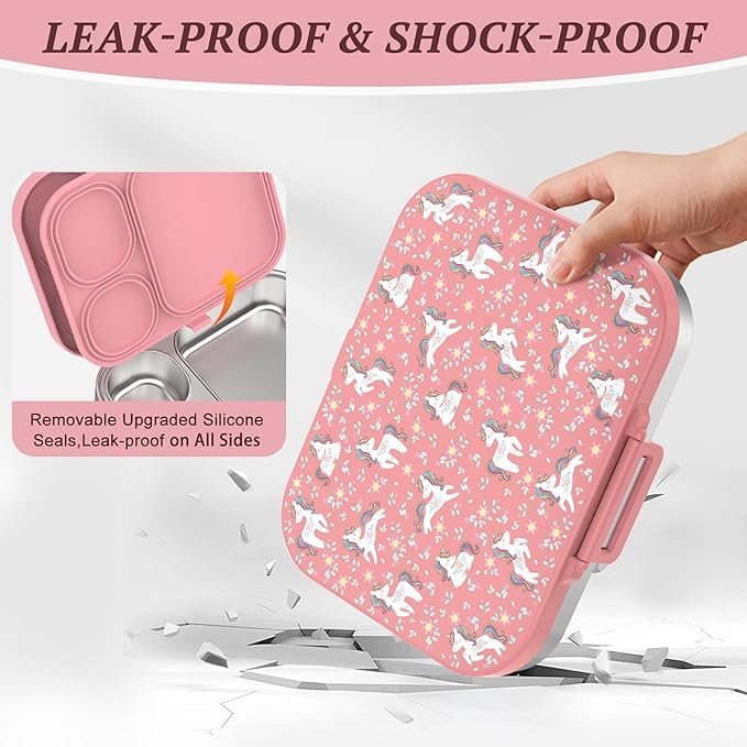 Stainless Steel Kid Lunch Box, Leak-Proof with free sealing Bento Box 3 Compartments Pink Girl