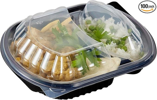 RW Base 28 Ounce Meal Prep Containers, 100 Microwavable To Go Containers With Lids - 2 Compartments, Disposable, Black Plastic Oval Food Containers, For Hot And Cold Food, Freezable - Restaurantware