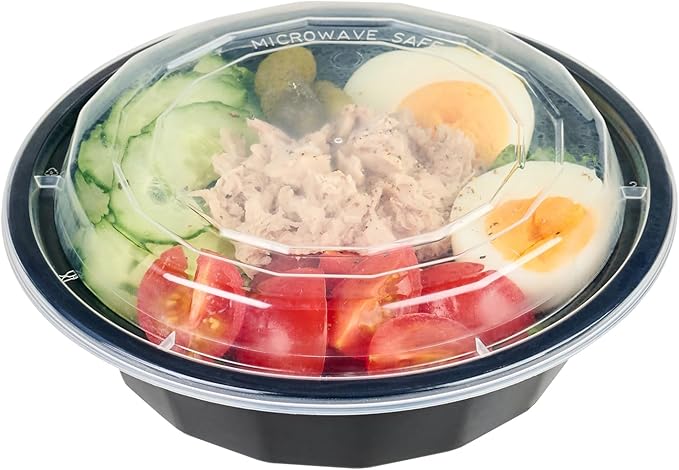 Restaurantware Asporto 16 Ounce To Go Boxes 100 Microwavable Take Out Food Containers - Clear Plastic Lids Included Do Not Contain BPA Black Plastic Catering Food Containers Disposable Round