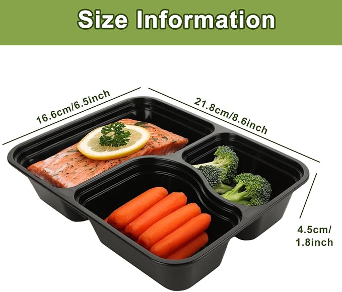 50PCS Disposable Meal Prep Containers 3 Compartment Food Prep Containers with Lids 30oz Plastic Bento Box Lunch Containers Stackable Meal Prep Containers Bulk for Microwave, Freezer Safe
