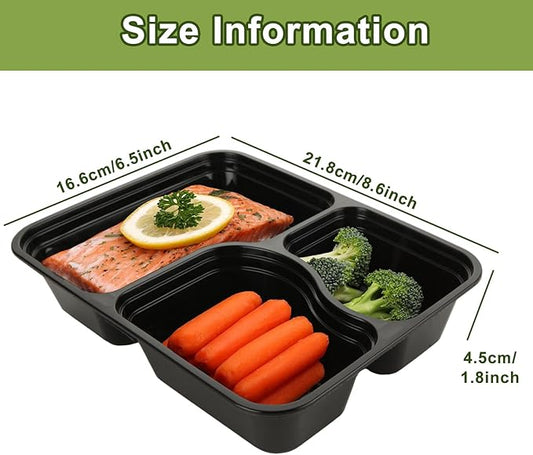 50PCS Disposable Meal Prep Containers 3 Compartment Food Prep Containers with Lids 30oz Plastic Bento Box Lunch Containers Stackable Meal Prep Containers Bulk for Microwave, Freezer Safe