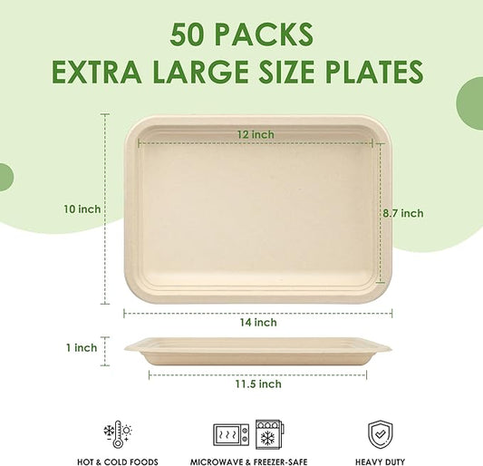 50 Pack 14 Inch Disposable Food Trays Biodegradable Heavy Duty Large Paper Plates Compostable Sugarcane Platters for Crawfish, Lobster, BBQ Seafood,Party and Holiday Feast