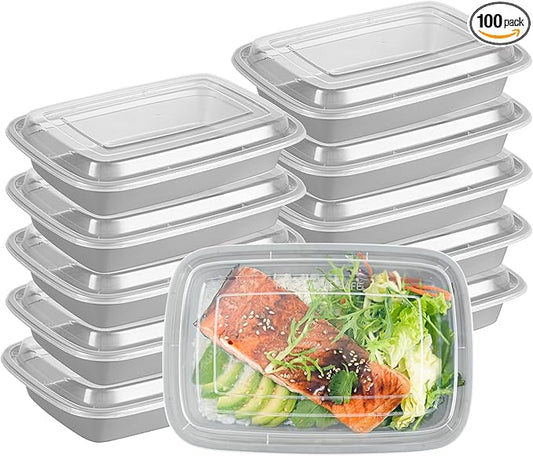 Restaurantware Asporto 28 Ounce Take Out Containers, 100 Food Containers With Lids - Microwavable, Disposable, Silver Plastic To Go Food Containers, No BPA, For Take Out And Delivery