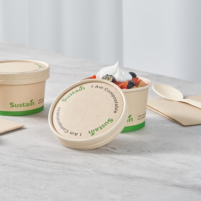 LIDS ONLY: Sustain Round Paper Soup Container Lids, 200 Disposable Ice Cream Cup Lids - Cups Sold Separately, For 5 Ounce Cups, Bamboo To Go Cup Lids, With PLA lining, Compostable - Restaurantware