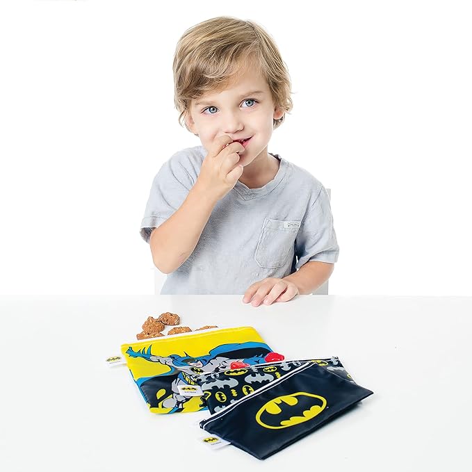 Bumkins Reusable Sandwich and Snack Bags, for Kids School Lunch and for Adults Portion, Washable Fabric, Waterproof Cloth Zip Bag, Travel Pouch, Food-Safe, 3-pk Batman DC Comics