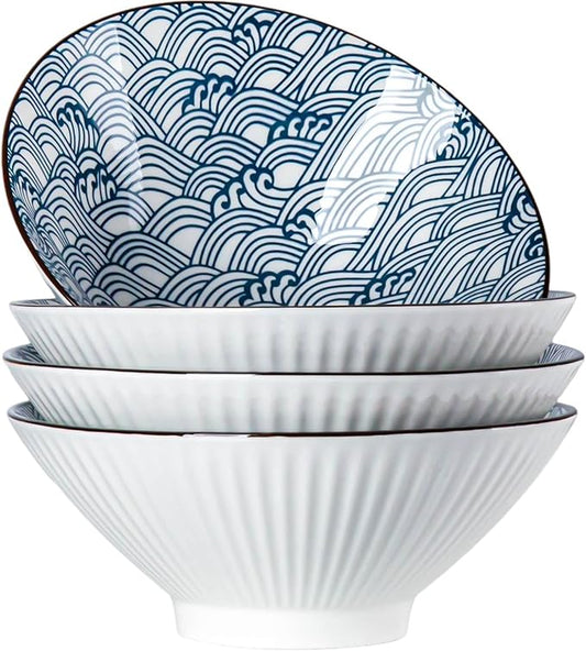 38 oz Japanese Ramen Bowl Set of 4 - Large 8 Inch Ceramic Soup Bowls, Blue and White Japanese Noodle Bowls for Pho, Ramen, and Salad - Wave Patterns