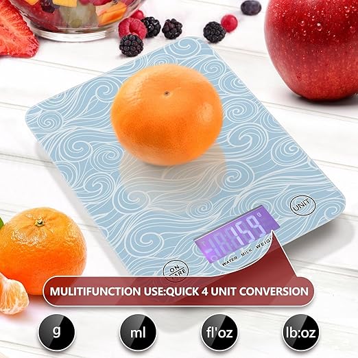 Food Scale Kitchen Scale for Baking Cooking Digital Food Weighing Measuring Scale Small Waterproof Electric Food Scale Sea Waves Blue
