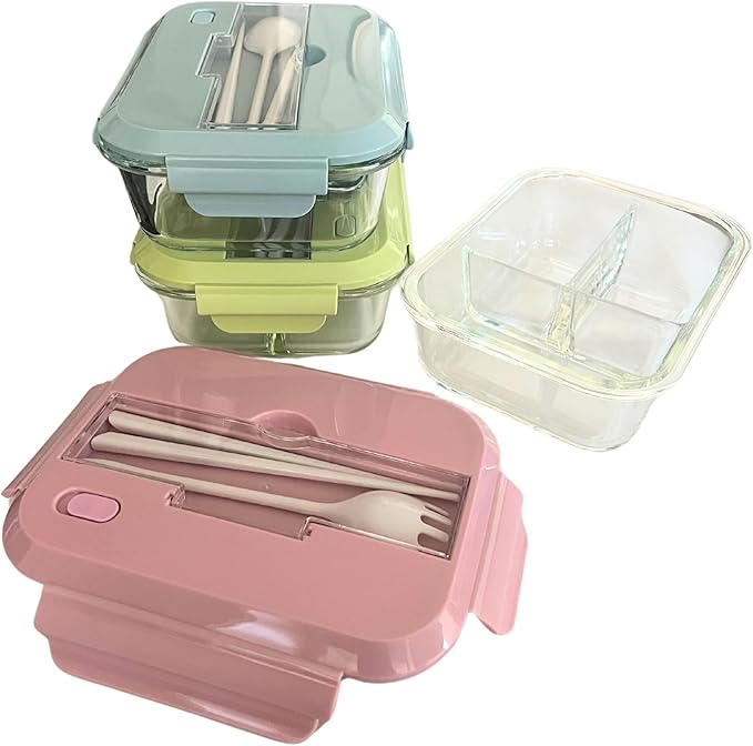 THY COLLECTIBLES Set of 3 36 OZ Glass Lunch Storage Containers with Lids and Utensils, Microwave Safe, Leak Proof, Freezer to Oven Safe for Meal Prep, Leftovers, Cooking, Bento Box (3 Compartments)