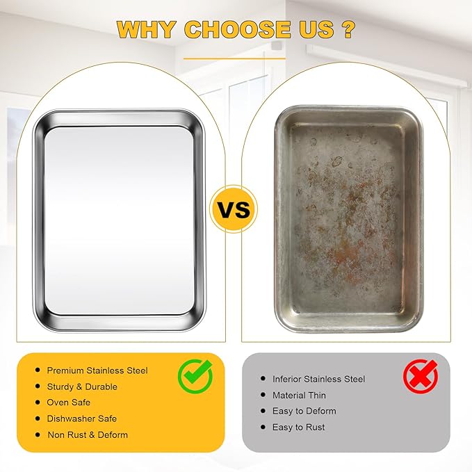 CACOLES Stainless Steel Baking Sheet Pan Set of 6, Cookie Sheet Metal Baking Pan Oven Tray, Cooking Baking Sheet for Toaster Oven, Easy Clean, Dishwasher Safe, 9 x 7 x 1 Inch