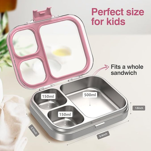 Stainless Steel Lunch Box, 3 Compartments Metal Bento Box for Kids Adults, Leak-Proof Lunch Box for School Office, Dishwasher Safe, BPA-Free, Tritan Lid, Pink