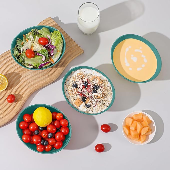 Wheat Straw Bowls Lightweight Plastic Bowls Reusable 26 OZ Unbreakable Bowl Set for Salad, Fruit, Cereal Bowl for Kitchen Dishwasher and Microwave Safe Serving Bowl - Green