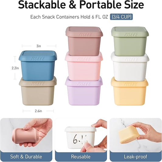 ISSEVE 8Pack 6oz Silicone Snack Containers for Kids, Reusable Small Containers with Lids, Leak Proof Silicone Food Storage Containers, Stackable Kids Lunch Box for Daycare, School, Travel