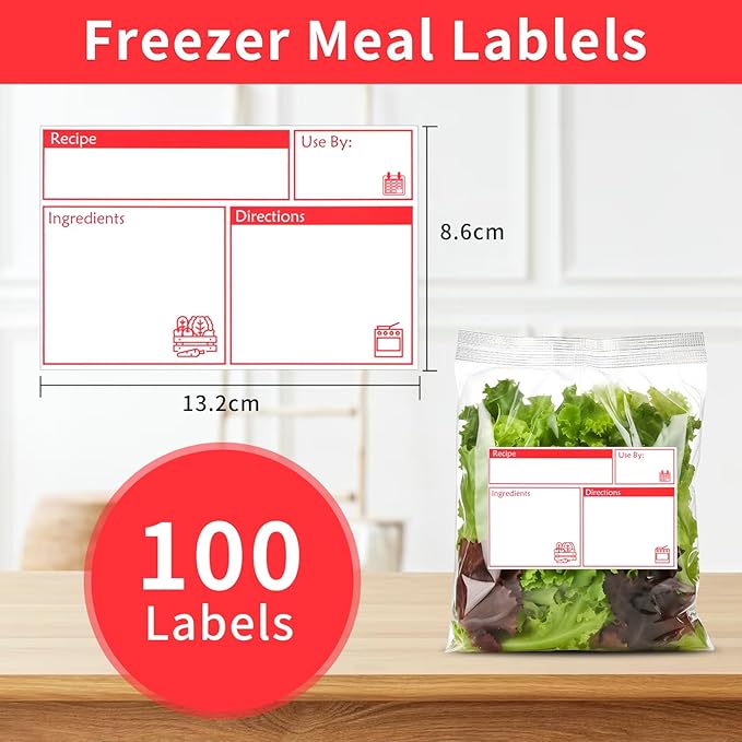 100pcs Labels for Freezer Bags Freezer Meal Labels with Instructions 3.2 X 5 inch Oil and Water Resistant Labels Food Labels for Freezer Storage for Leftovers in Fridge Removable Freezer (Red)