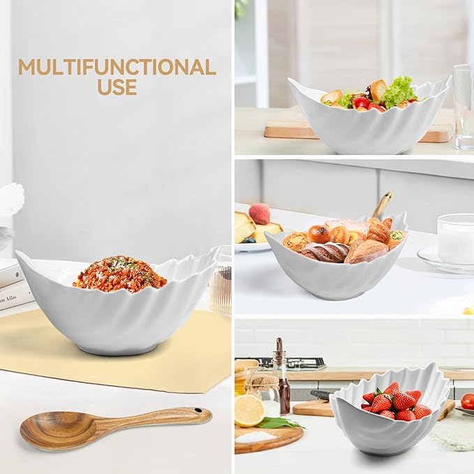 Large Salad Bowl Set, Salad Mixing Bowl for Kitchen, White Ceramic Bowl Set with Wood Salad Servers Serving Bowl for Soup, Pasta, Fruit Housewarming Mother's Day gift