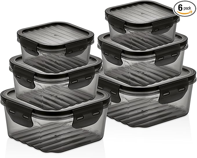 6-Piece Food Storage Container Set – Airtight, Leakproof, BPA-Free Plastic Storage Boxes with Locking Lids – Stackable Meal Prep Containers, Microwave, Freezer & Dishwasher Safe
