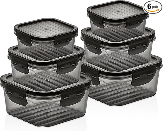 6-Piece Food Storage Container Set – Airtight, Leakproof, BPA-Free Plastic Storage Boxes with Locking Lids – Stackable Meal Prep Containers, Microwave, Freezer & Dishwasher Safe