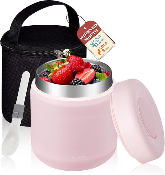 Insulated Food Jar with Thermal Bag - 17 oz Adults Kids Wide Mouth Leak-Proof Vacuum Stainless Steel Lunch Bento Soup Thermo Bowls w/Folding Spoon, Container Set for 8h Hot and 12h Cold