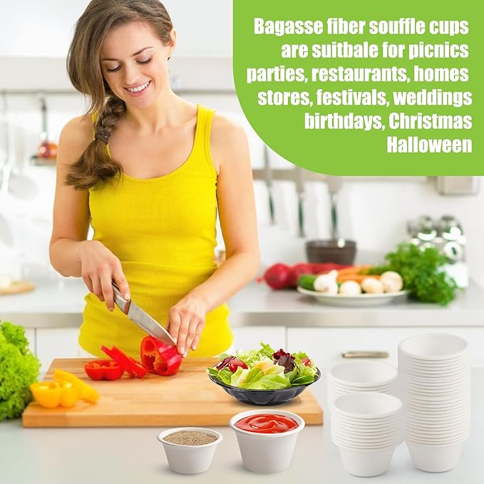Blcculi 300 Pack Compostable Portion Cups,4 OZ Disposable Souffle Cups,White Bagasse Fiber Cups,Biodegradable Sauces Cups,Compostable Condiment Cups,Sample Cups for Snack, Salad, Dressing