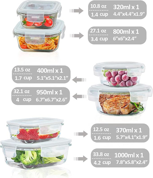 Glass Food Storage Containers with Lids Airtight 6 Pack, Glass Storage Containers with Lids for Food, Not Easy Broken & Leak Proof, Glass Containers with Lids for Oven/Dishwasher Safe, Grey