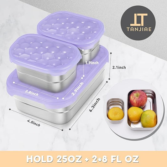 Small Stainless Steel Lunch Containers for Kids | Leak Proof BPA Free Snack Containers with 100% Pure Silicone Lids - Perfect Metal Lunch Box with Lids for School and Daycare (25oz+8oz*2)